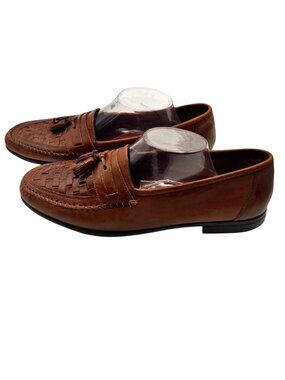Oleg Cassini 11.5 Genuine Leather Tassel Loafers Woven Design Slip-On Style Brow